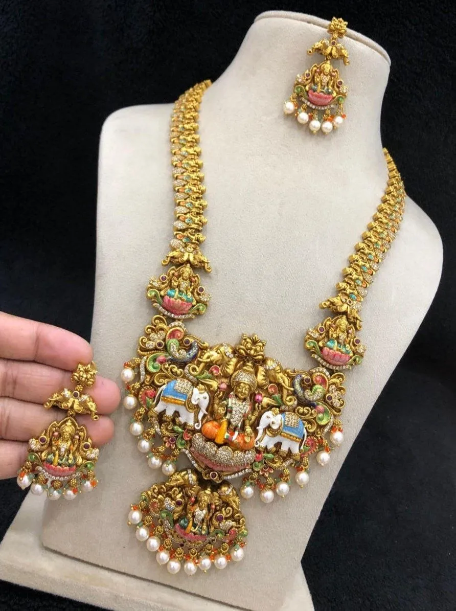 Antique CZ AD Stone Laminate Enamel Temple Design Long Haram set